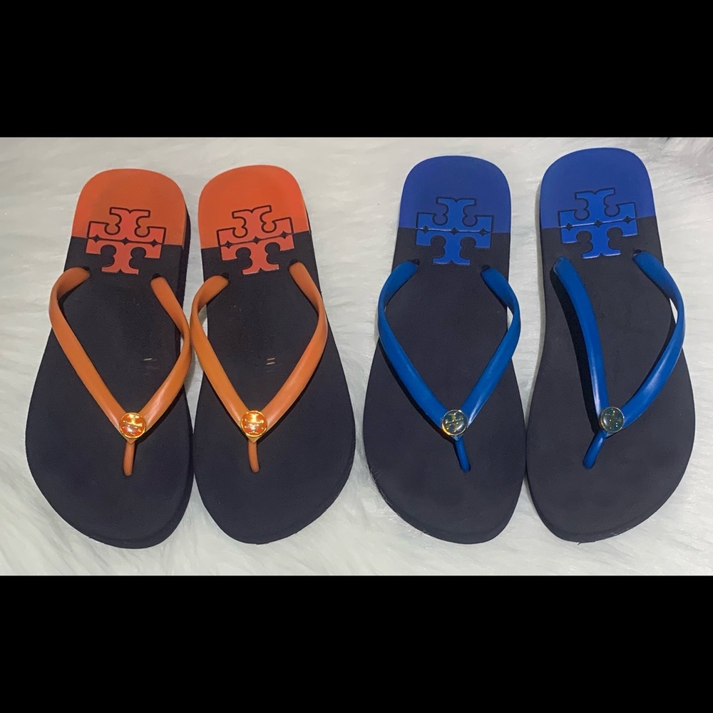 2 Tory Burch Flip Flop Sandals Black Orange Blue 5